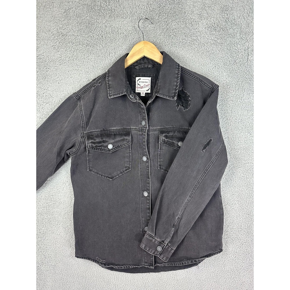 Stoosh Denim Jacket Mens Medium Black Distressed Button Shirt Shacket Grunge Men